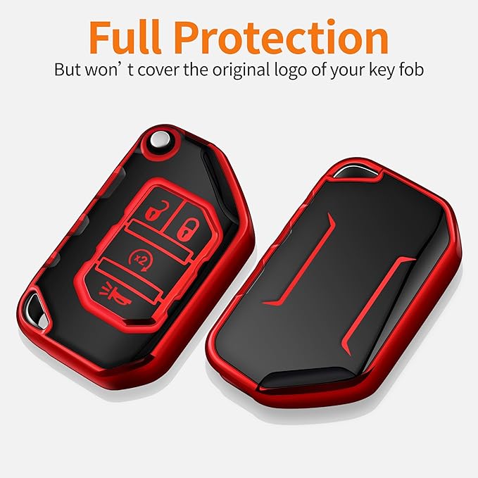 Sindeda for Jeep Key Fob Cover with Keychain Soft Full Protection Key Shell Key Case Compatible with Jeep Gladiator JT Sahara JLU 2018-2023 Jeep Wrangler JL JLU Rubicon