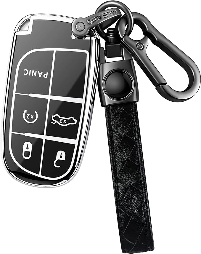 Sindeda for Jeep Key fob Cover with Leather Keychain Soft TPU Full Cover Protection,for Jeep Grand Cherokee Renegade Chrysler 200 300 Dodge RAM Durango Challenger Dart Fiat Key Fob Shell