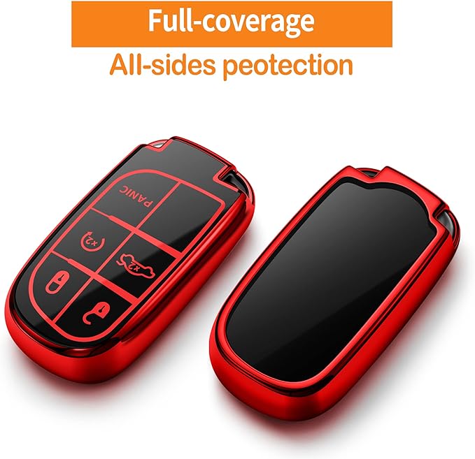 Sindeda for Jeep Key fob Cover with Leather Keychain Soft TPU Full Cover Protection,for Jeep Grand Cherokee Renegade Chrysler 200 300 Dodge RAM Durango Challenger Dart Fiat Key Fob Shell