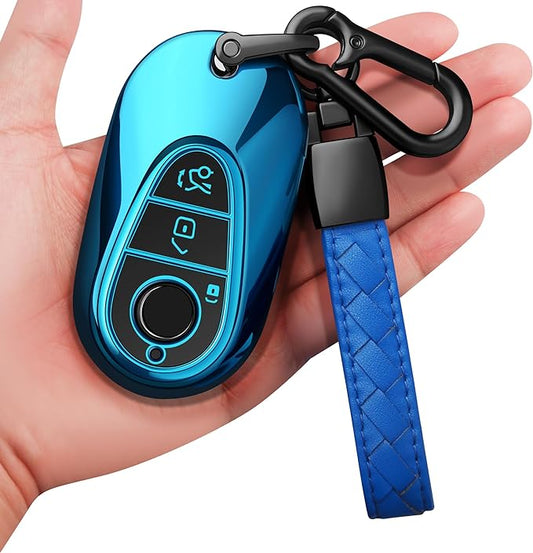 Sindeda for Mercedes Benz Key Fob Cover with Keychain Soft Full Protection Key Shell Key Case Compatible with Mercedes Benz 2020-2022 Mercedes Benz S-Class G-Class E-Class (Blue)