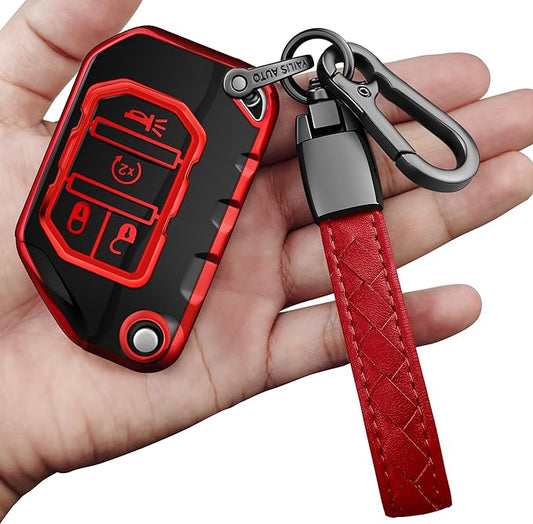 Sindeda for Jeep Key Fob Cover with Keychain Soft Full Protection Key Shell Key Case Compatible with Jeep Gladiator JT Sahara JLU 2018-2023 Jeep Wrangler JL JLU Rubicon